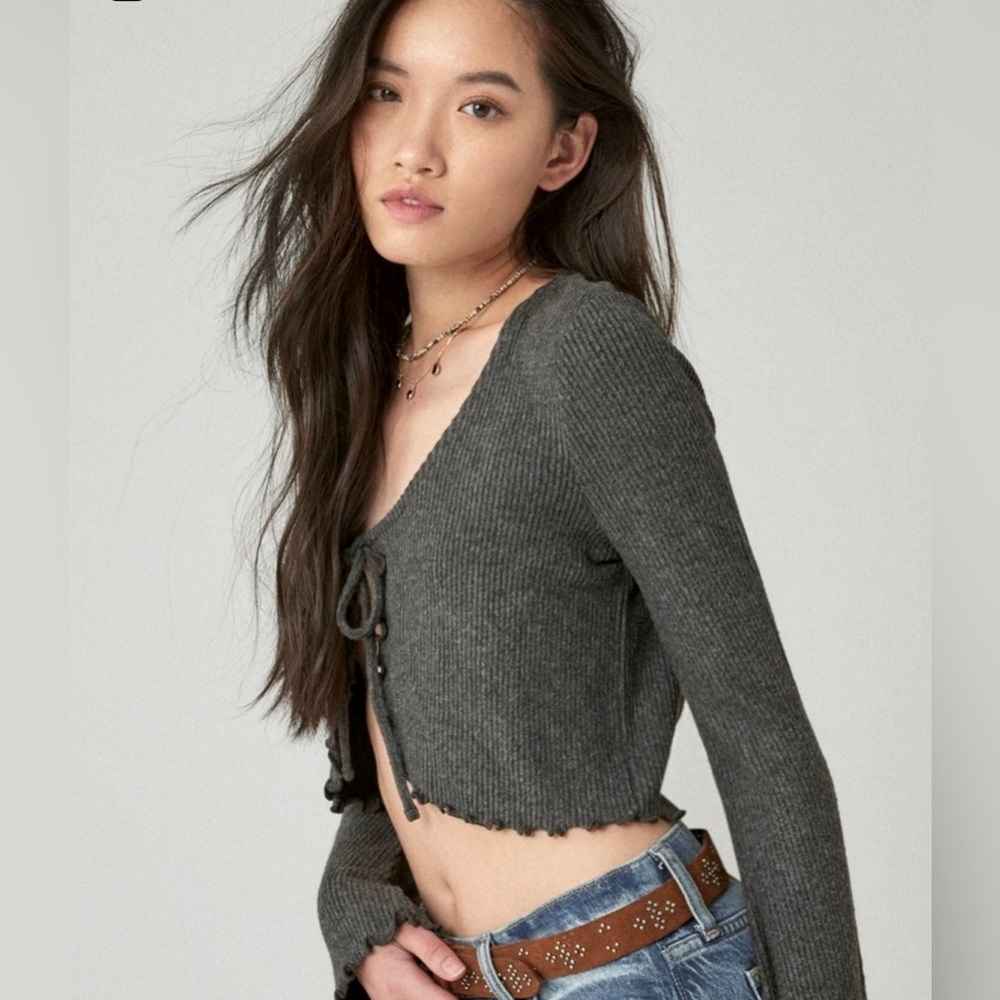 Lucky Brand Cloud Rib Tie Top, Charcoal Heather, Size Large, Like New!